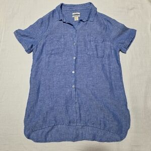 Christian Siriano Blue Linen Short Sleeve Button Down Size LARGE Beach Breezy
